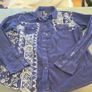 Women's Cruel Navy Blue Button-Down Shirt with White Embroidered Print